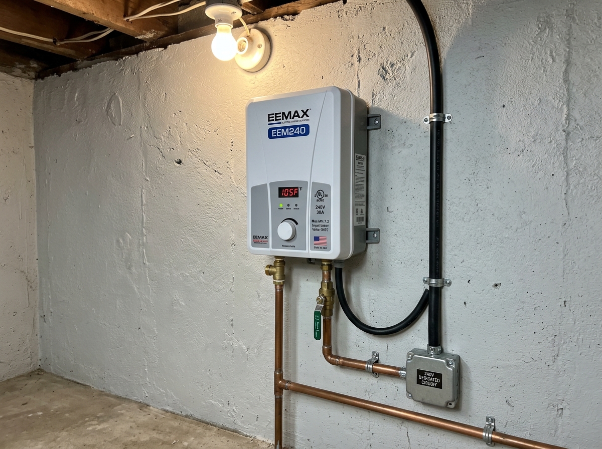 Compact wall-mounted electric tankless water heater on a dedicated 240V circuit, installed in a utility room