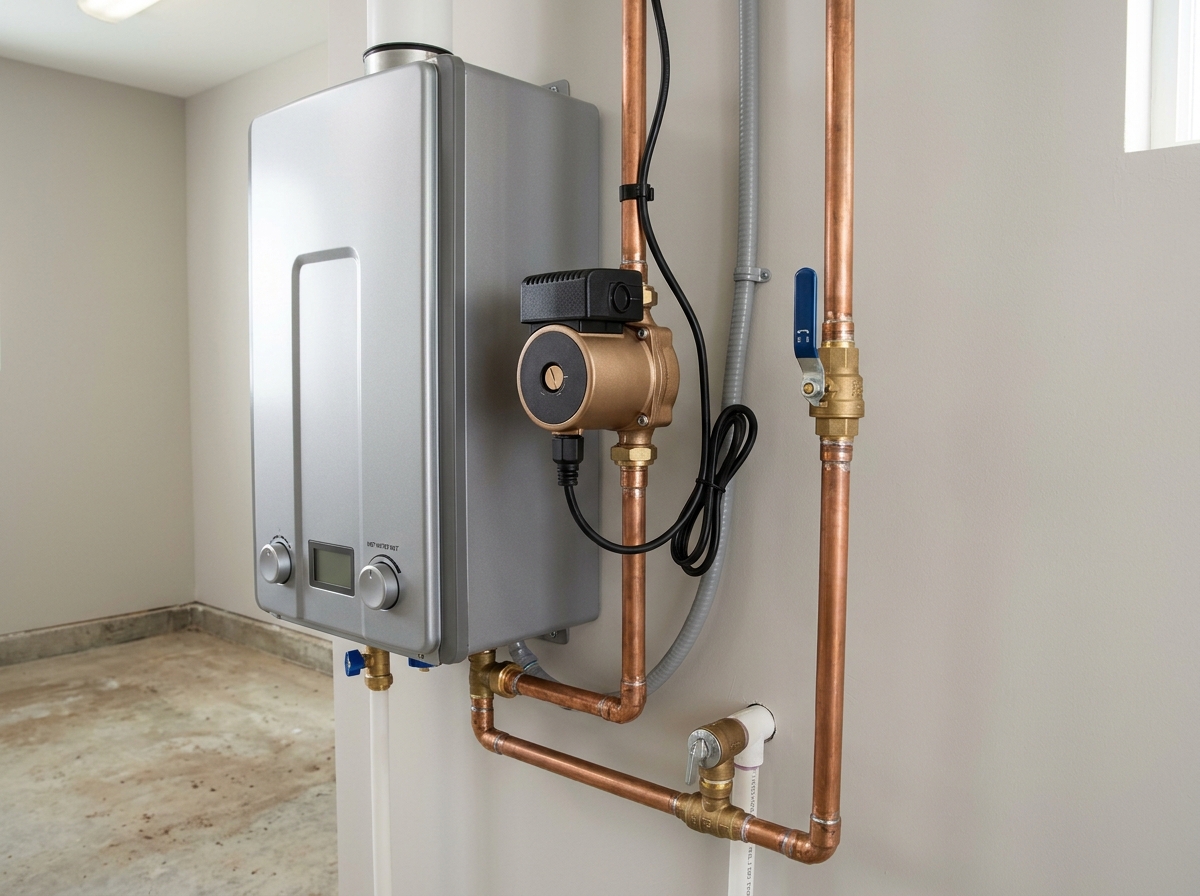 Compact hot water recirculation pump mounted on the hot outlet line directly above a wall-mounted tankless water heater