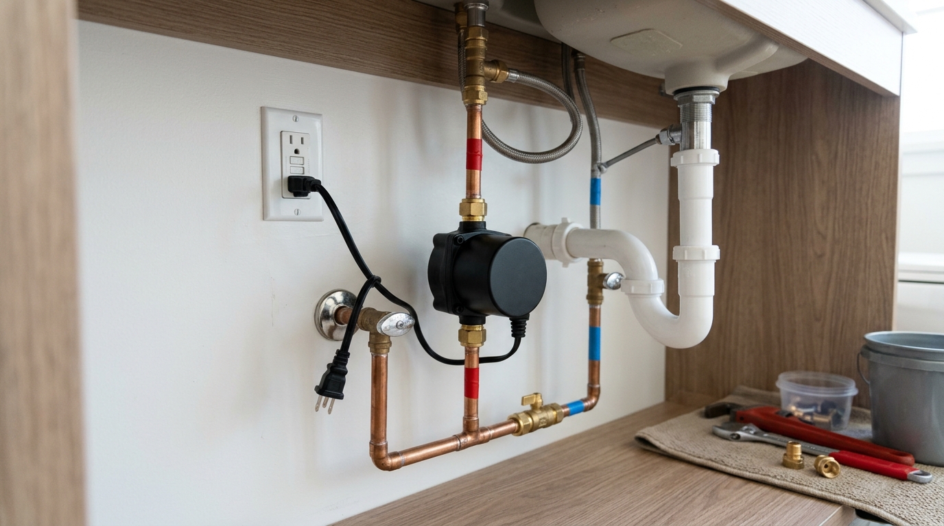 Compact hot water recirculation pump installed under a sink on the hot and cold supply lines, with a crossover valve nearby