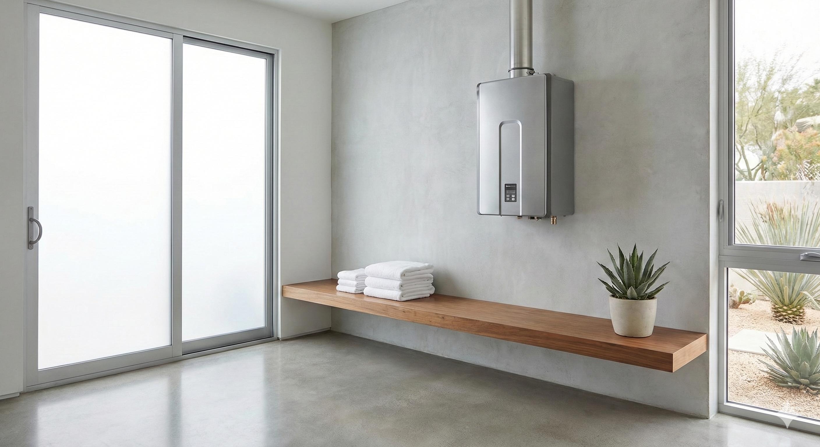 Tankless water heater installed on a utility room wall